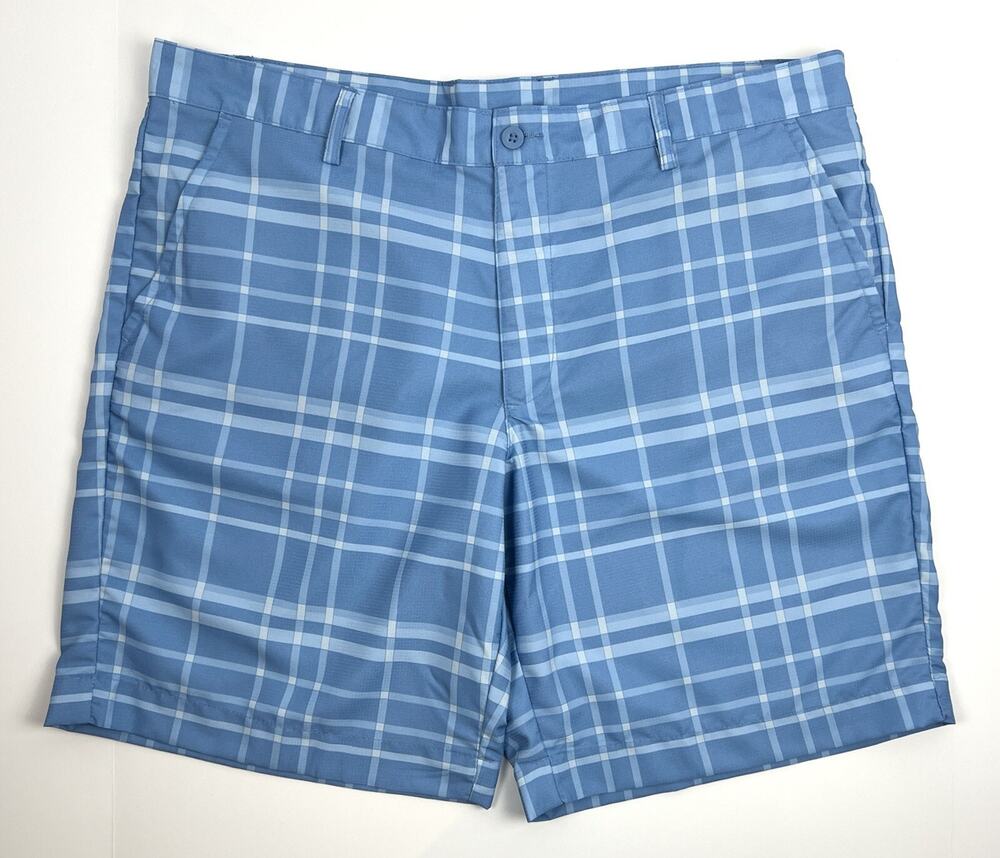 Crane Golf Shorts Mens Large Blue White Plaid Flat Front Quick Dry